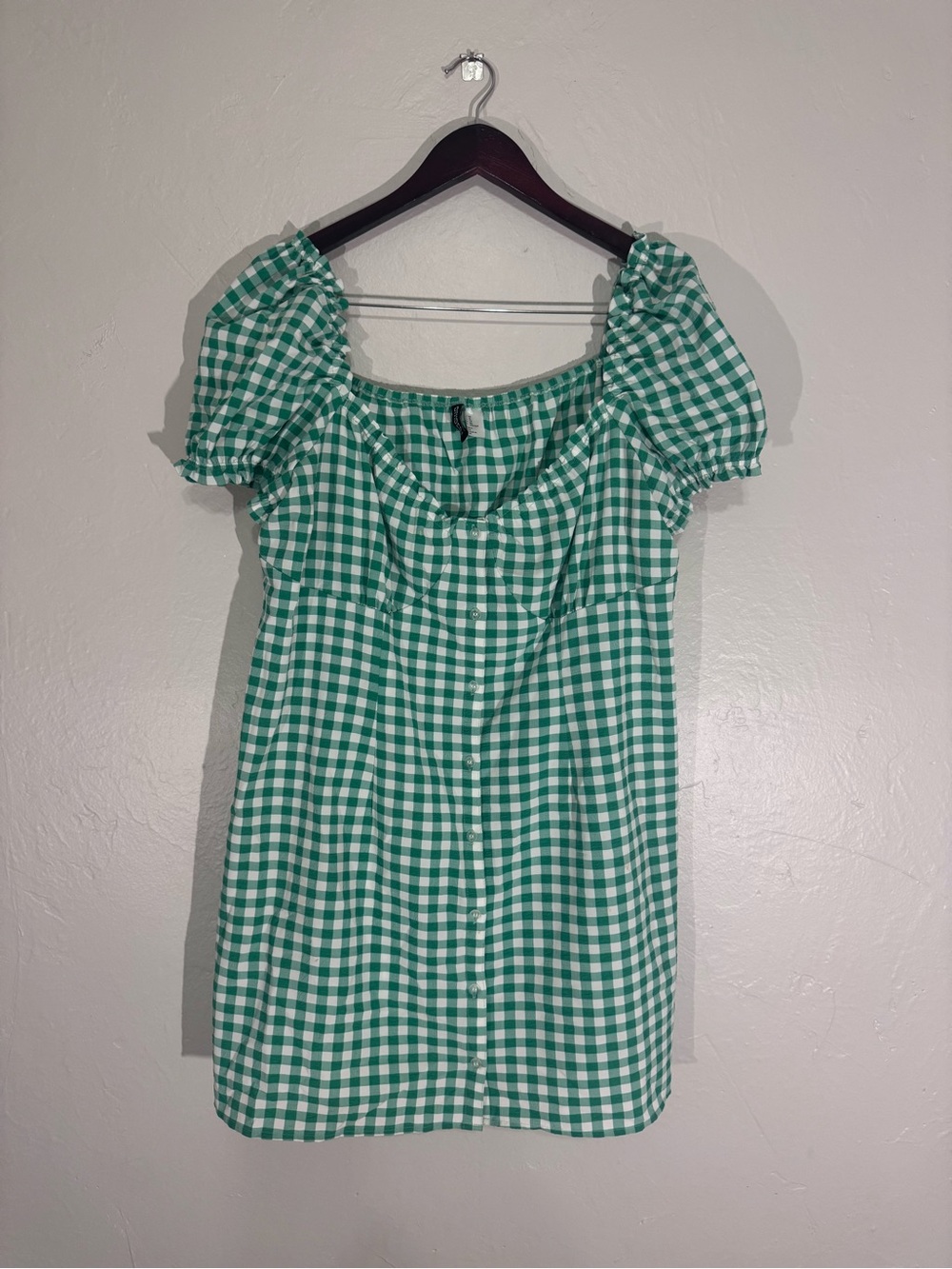 H&M Divided Green Gingham Puff‎ Sleeve Button Down Mini Dress XL Cottagecore